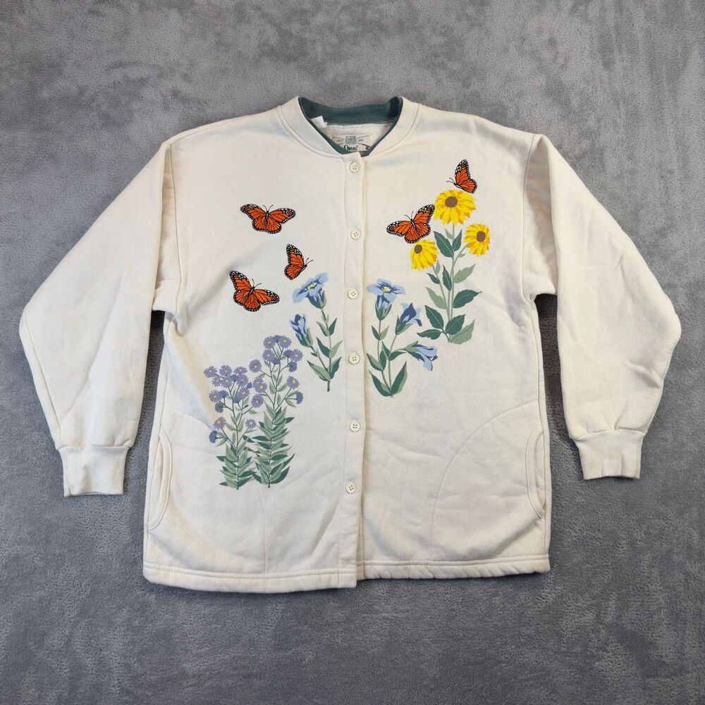 Vintage Orvis Sweatshirt Womens Large White Butterfly Cottagecore Button Up Cute